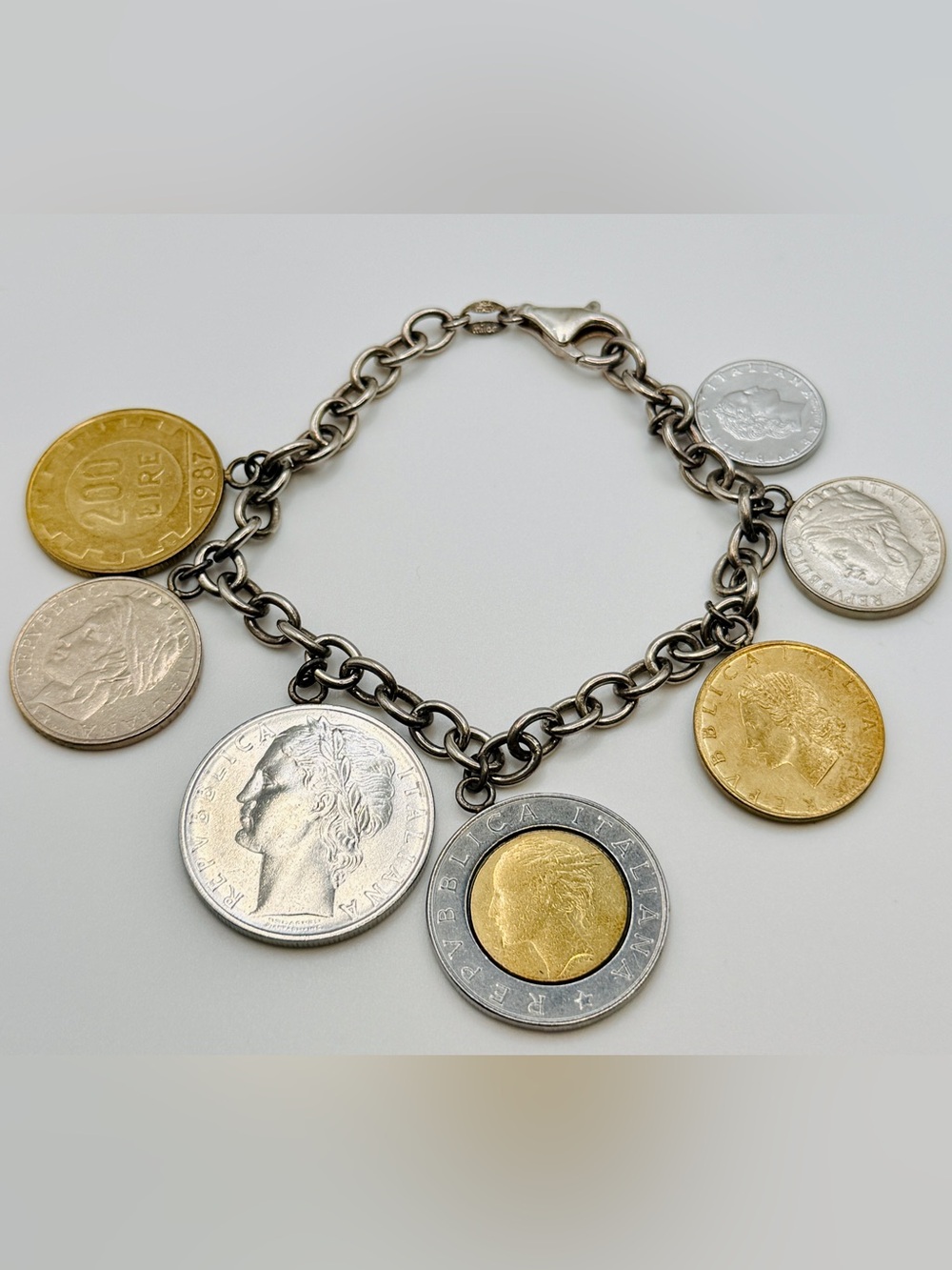 Milor Two-Tone Coin Charm Bracelet Sterling Silver & Stainless Steel 8”